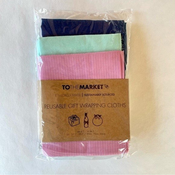 NWT To The Market Reusable Gift Wrapping Cloths - 3 Cloths Pink Navy Seafoam - Picture 5 of 6